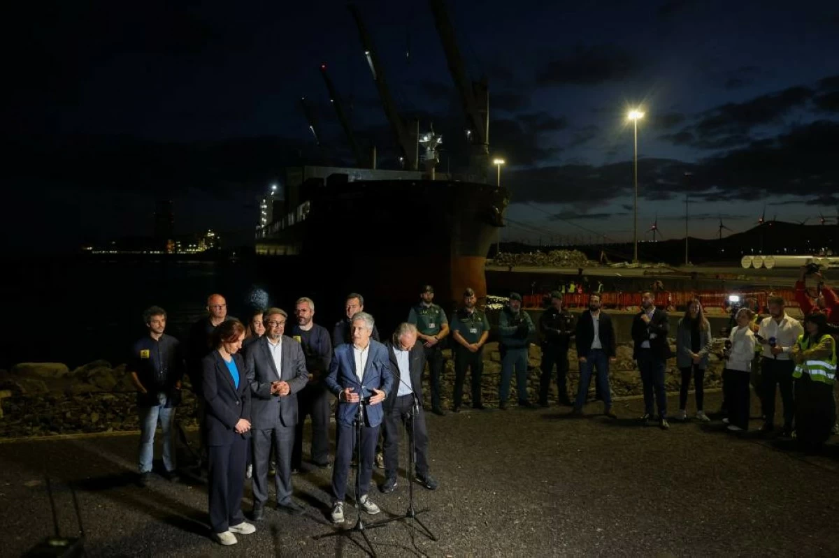 Spain's Interior Minister Fernando Grande-Marlaska speaks to the media at the port of Granadilla de Abona. REUTERS