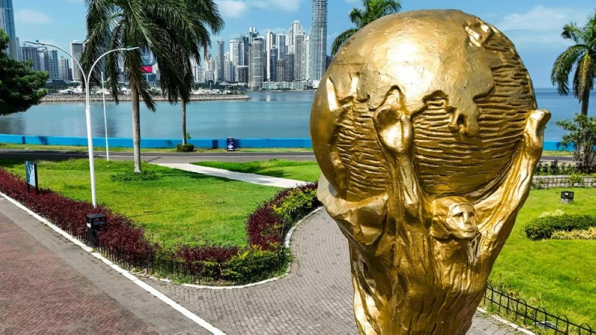 The FIFA World Cup trophy at the Cinta Costera in Panama City on May 13, 2026. (AFP)
