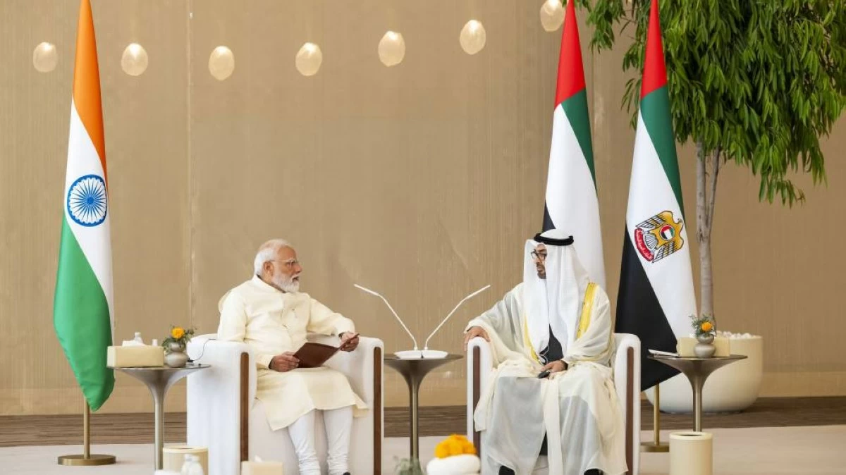UAE President His Highness Sheikh Mohamed bin Zayed Al Nahyan and Narendra Modi, Prime Minister of India. (WAM)