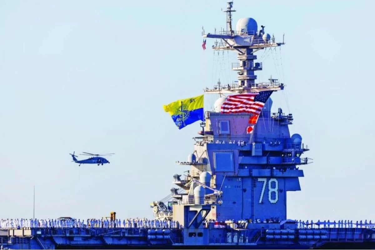 The USS Gerald R. Ford aircraft carrier upon its arrival at Naval Base Norfolk, Virginia.