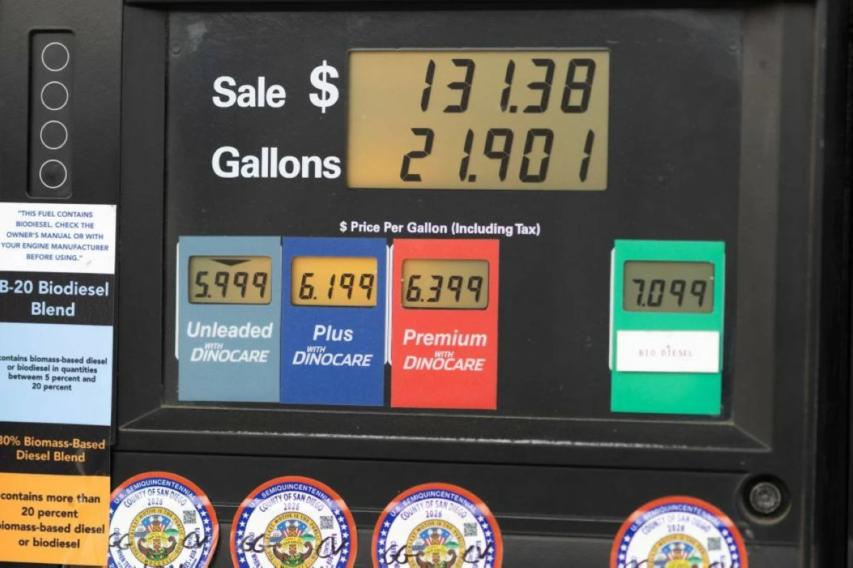 The price of gasoline on a gas pump in San Diego, California, U.S., May 18, 2026. REUTERS/Mike Blake