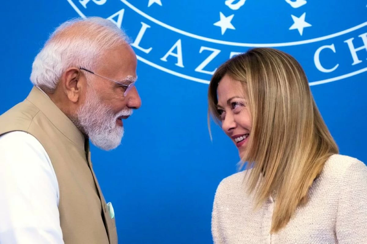 Italian Premier Giorgia Meloni, right, and India's Prime Minister Narendra Modi speak after meeting at Villa Pamphili in Rome, Wednesday, May 20, 2026. (AP Photo/Gregorio Borgia)