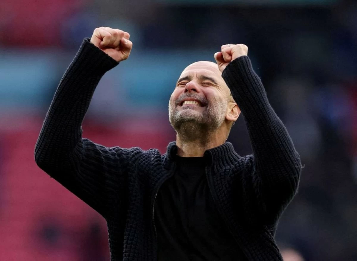 Manchester City manager Pep Guardiola celebrates after the FA Cup Semi Final match between Manchester City v Chelsea at Wembley Stadium, London, Britain - April 20, 2024 Action Images via Reuters/Paul Childs/File Photo