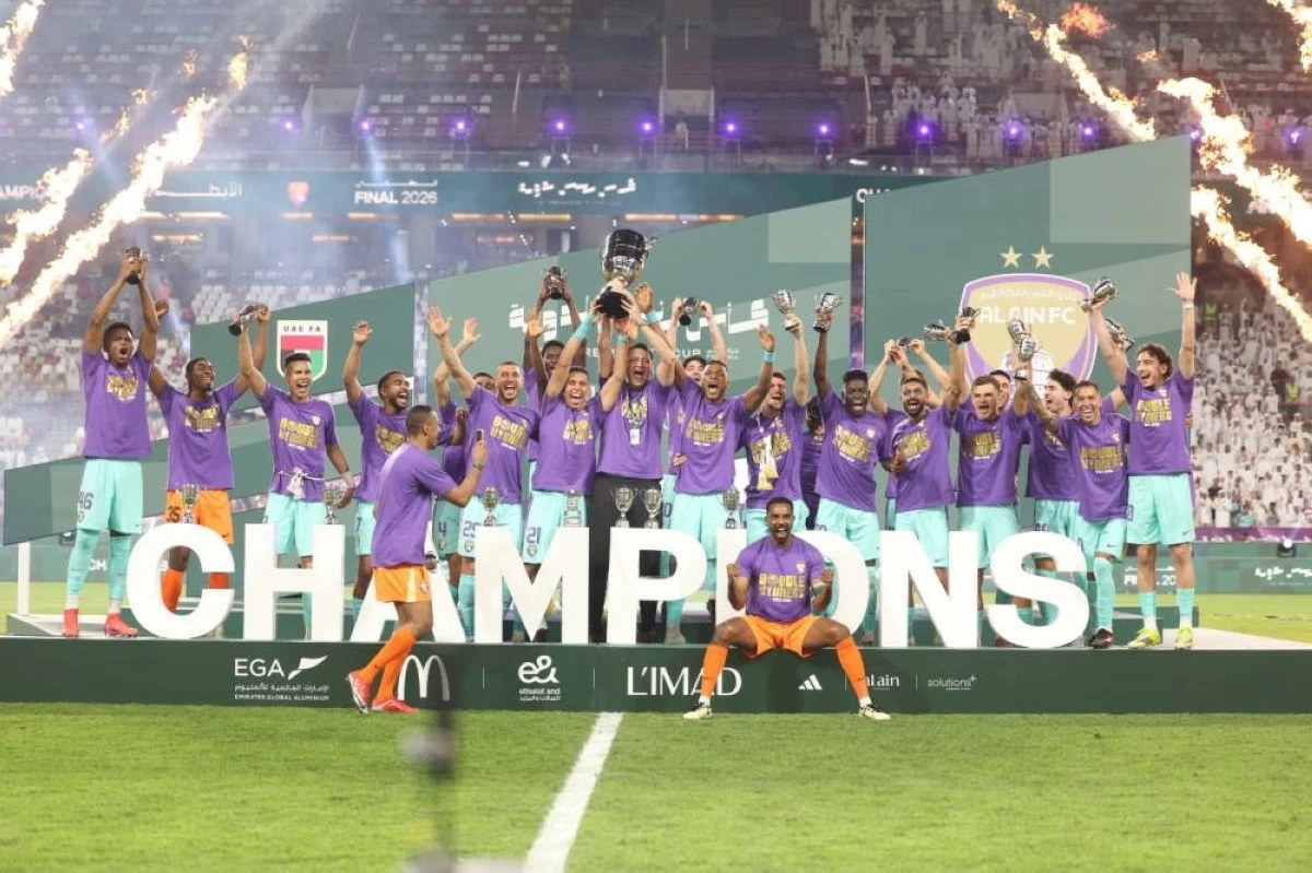 Al Ain players celebrate with Presidents Cup at Mohammed bin Zayed Stadium after beating Al Jazira 4-1, on Friday 22 May 2026. (Photo; Salem Khamis)