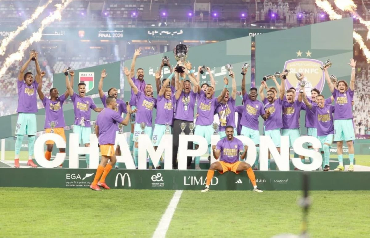 Al Ain players celebrate with Presidents Cup at Mohammed bin Zayed Stadium after beating Al Jazira 4-1, on Friday 22 May 2026. (Photo; Salem Khamis)