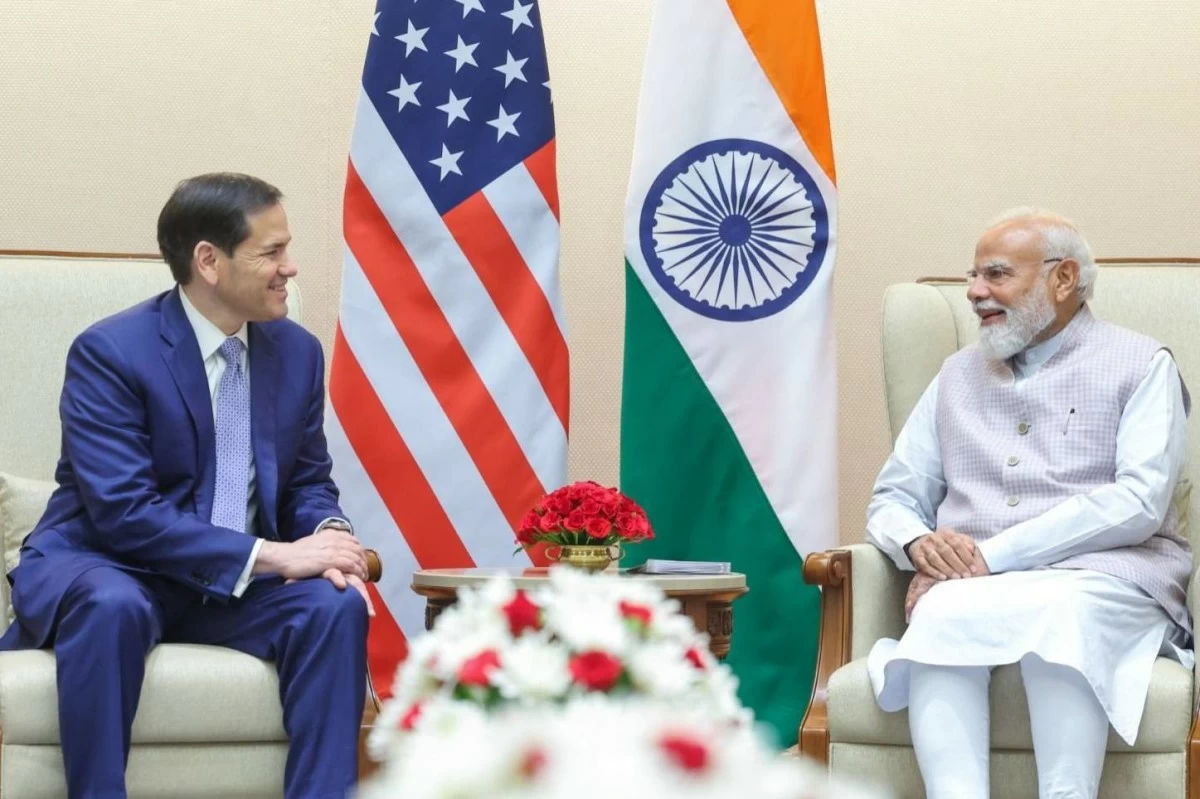 This photo shared by Indian Prime Minister Narendra Modi on his X handle shows him sitting on the right, speaking with United States Secretary of State Marco Rubio in New Delhi, India, Saturday, May 23, 2026.