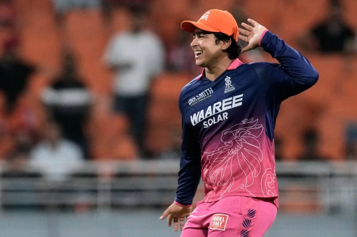 Rajasthan Royals' Vaibhav Sooryavanshi shares a light moment during the Indian Premier League cricket match between Rajasthan Royals and Sunrisers Hyderabad in New Chandigarh, India, Wednesday, May 27, 2026. (AP Photo/Ashwini Bhatia)