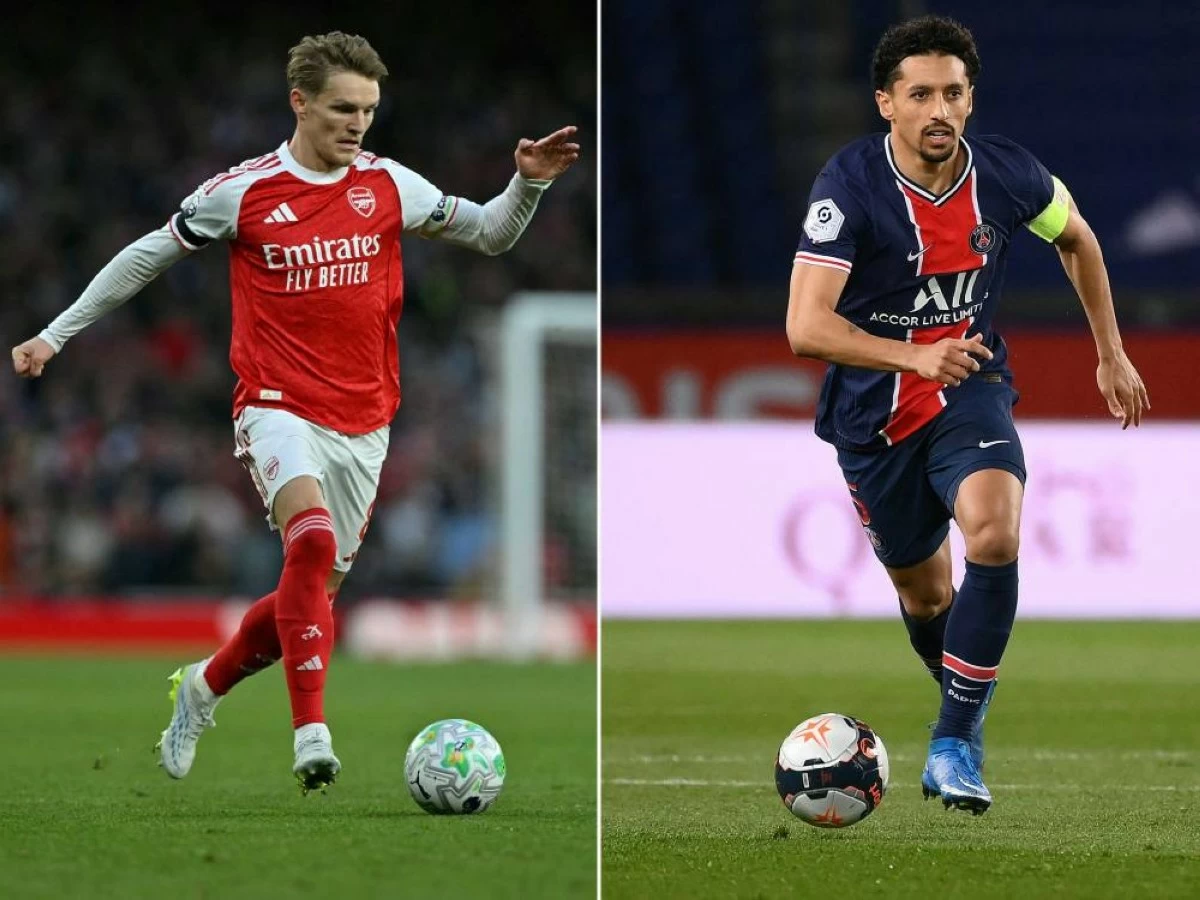 This combination of pictures created on May 27, 2026 shows Arsenal's Norwegian midfielder #08 Martin Odegaard running with the ball during the English Premier League football match between Arsenal and Burnley at the Emirates Stadium in London on May 18, 2026 and Paris Saint-Germain's Brazilian defender Marquinhos running with the ball during the French L1 football match between PSG and Nantes at the Parc des Princes stadium in Paris on March 14, 2021.  (Photo by Glyn KIRK and FRANCK FIFE / AFP)