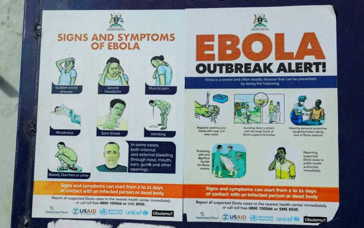 An advocacy poster against the spread of Ebola virus is placed along the walkway at the Platinum Medical Centre, as aid agencies intensify efforts to contain a new Ebola outbreak involving the Bundibugyo Virus in Kampala, Uganda, May 26, 2026. REUTERS/Abubaker Lubowa