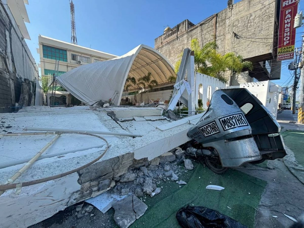 A drone view shows a collapsed building after a magnitude 7.8 quake in General Santos, Mindanao Island, Philippines, June 8, 2026. GenSan DEV/Handout via REUTERS