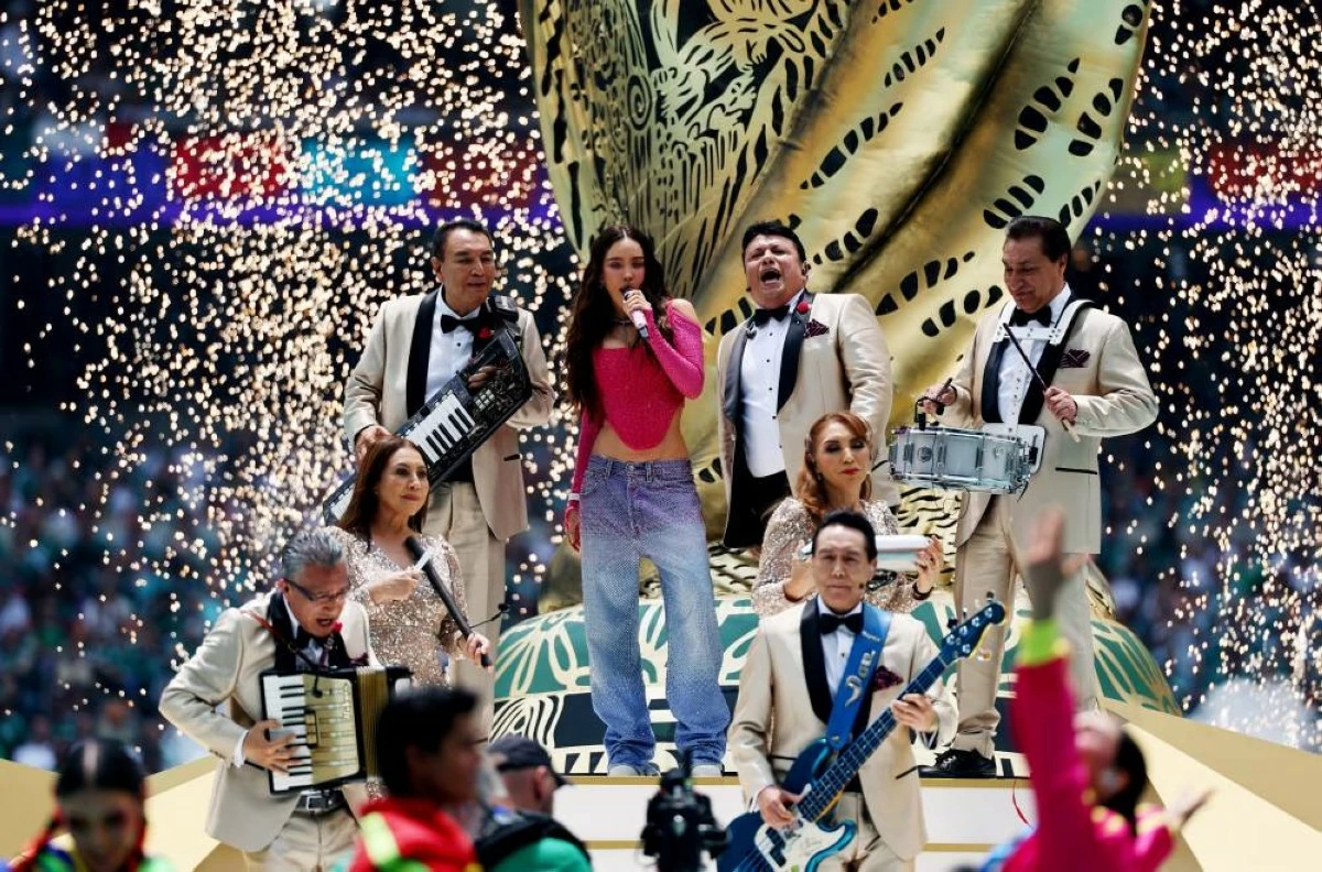 Belinda and Los Angeles Azules perform during the opening ceremony before the match. Picture credit: Reuters