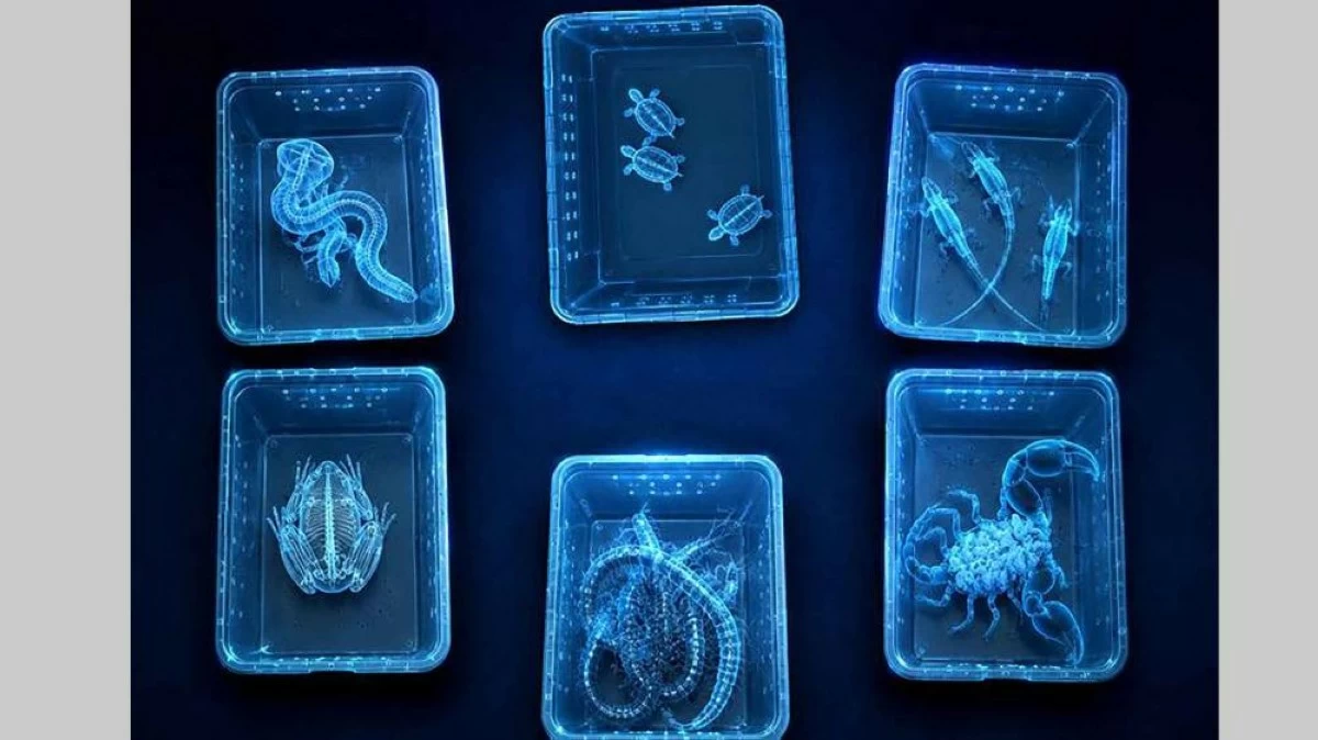 The suitcase contained129 lizards, 36 scorpions, eight snakes and 50 frogs, bringing the total number of recovered animals to 223. (Supplied)