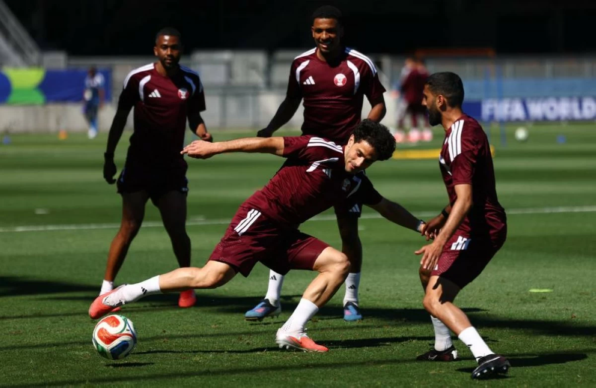 Qatar's Ahmed Alaaeldin and teammates during training. Picture credit: Reuters