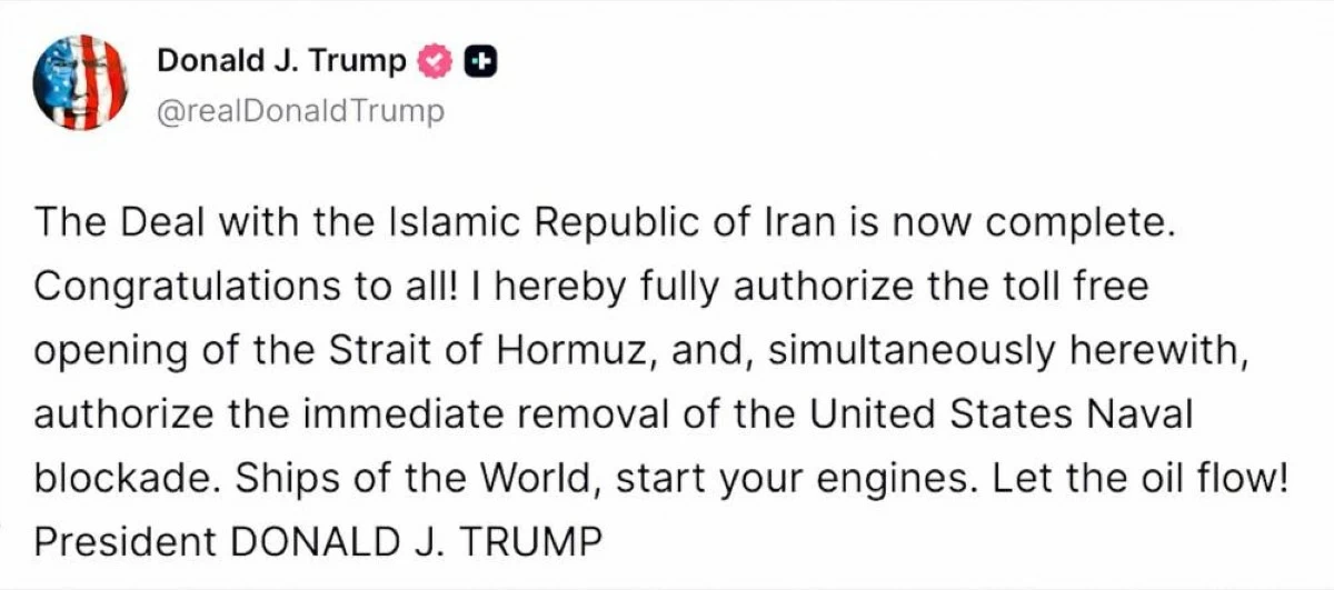 Social media post by U.S. President Donald Trump announcing a deal with Iran to end their war. REUTERS
