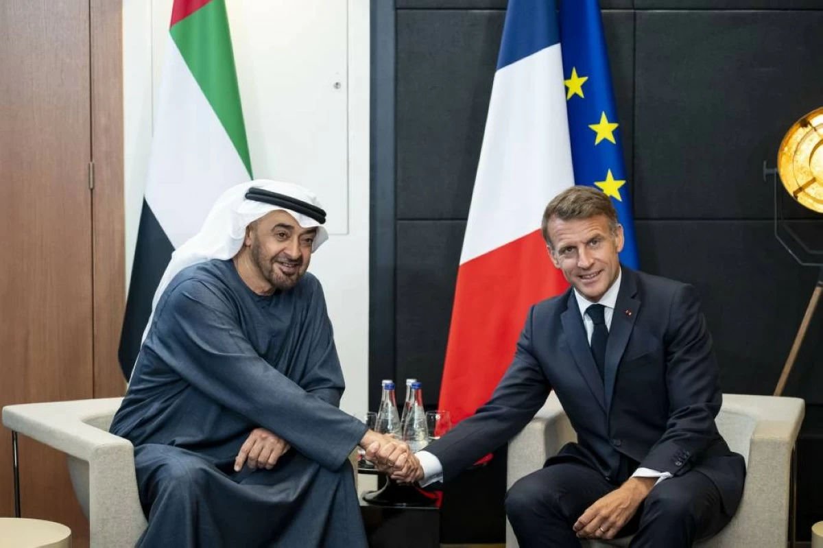 UAE President His Highness Sheikh Mohamed bin Zayed Al Nahyan met with French President Emmanuel Macron on the sidelines of the G7 Summit. WAM