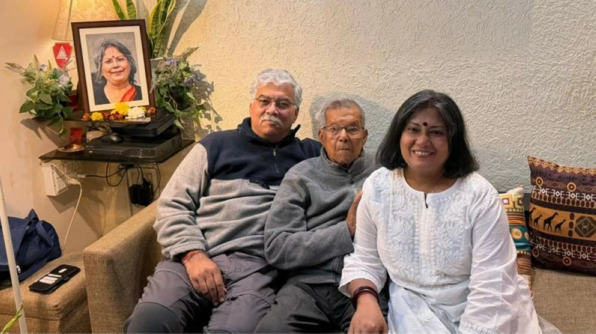 Dasgupta and his sister Shilpi with his father Roby, and a picture of his late mother Dr Papia. Picture credit: Supplied
