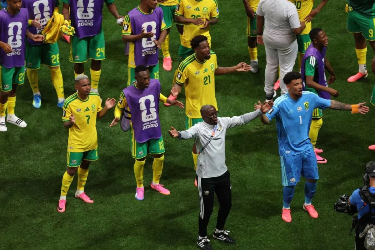 South African players celebrate after the World Cup Group A soccer match between Czechia and South Africa in Atlanta. Picture credit: AP