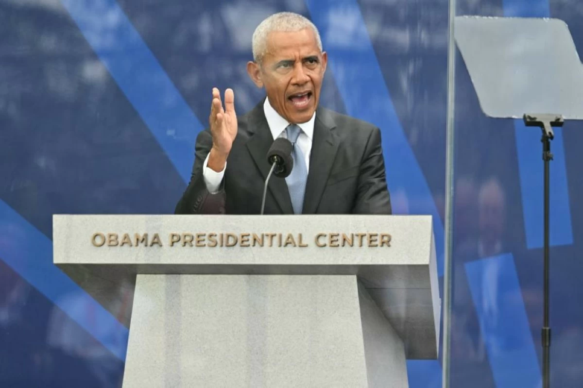 Former President Barack Obama speaks during the dedication ceremony for the Obama Presidential Center, Thursday, June 18, 2026, in Chicago. (AP Photo/Jon Cherry)