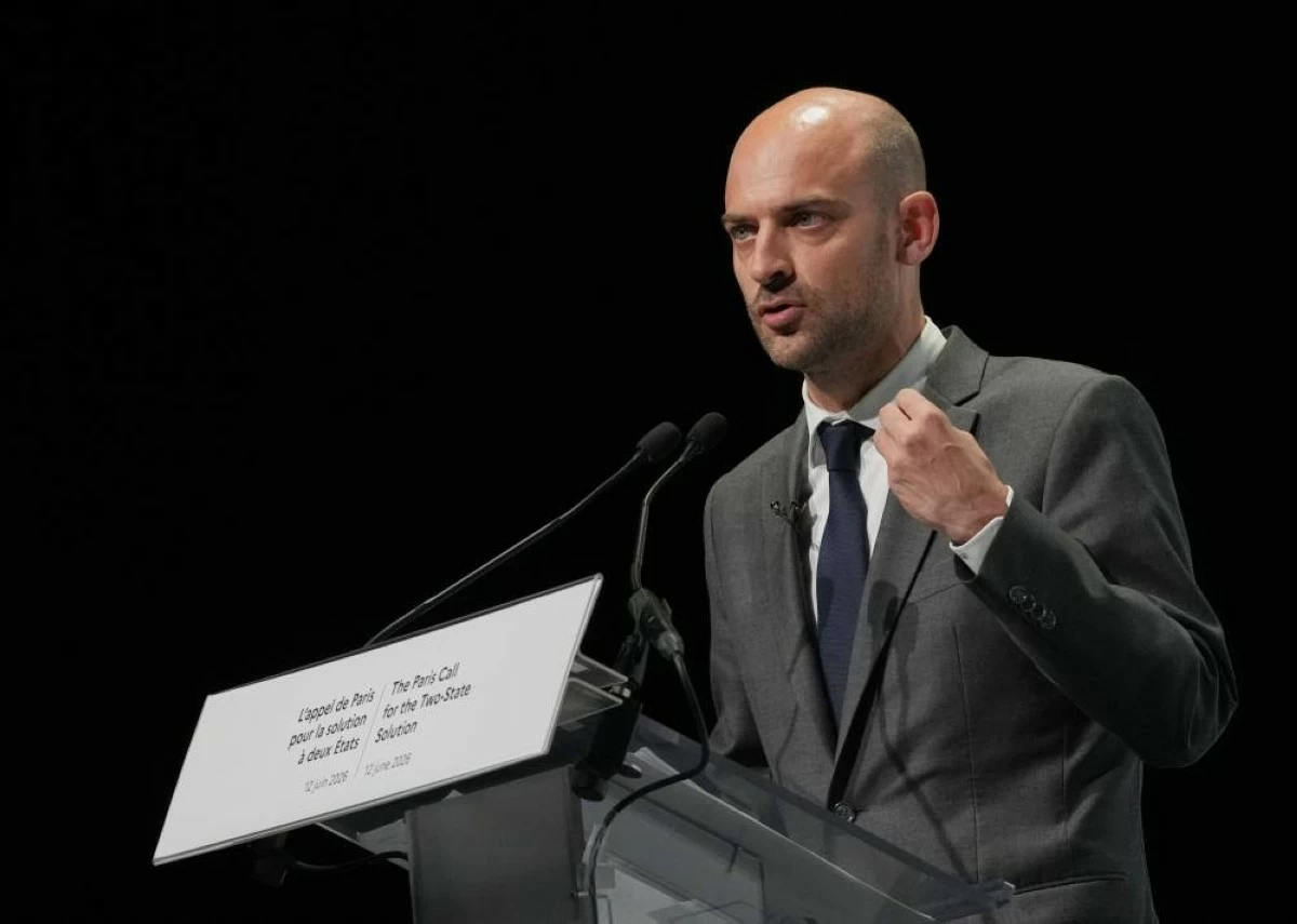 French Foreign Minister Jean-Noel Barrot speaks during a conference with Israeli and Palestinian civil society groups to support a two-state solution in Paris, Friday June 12, 2026. (AP)