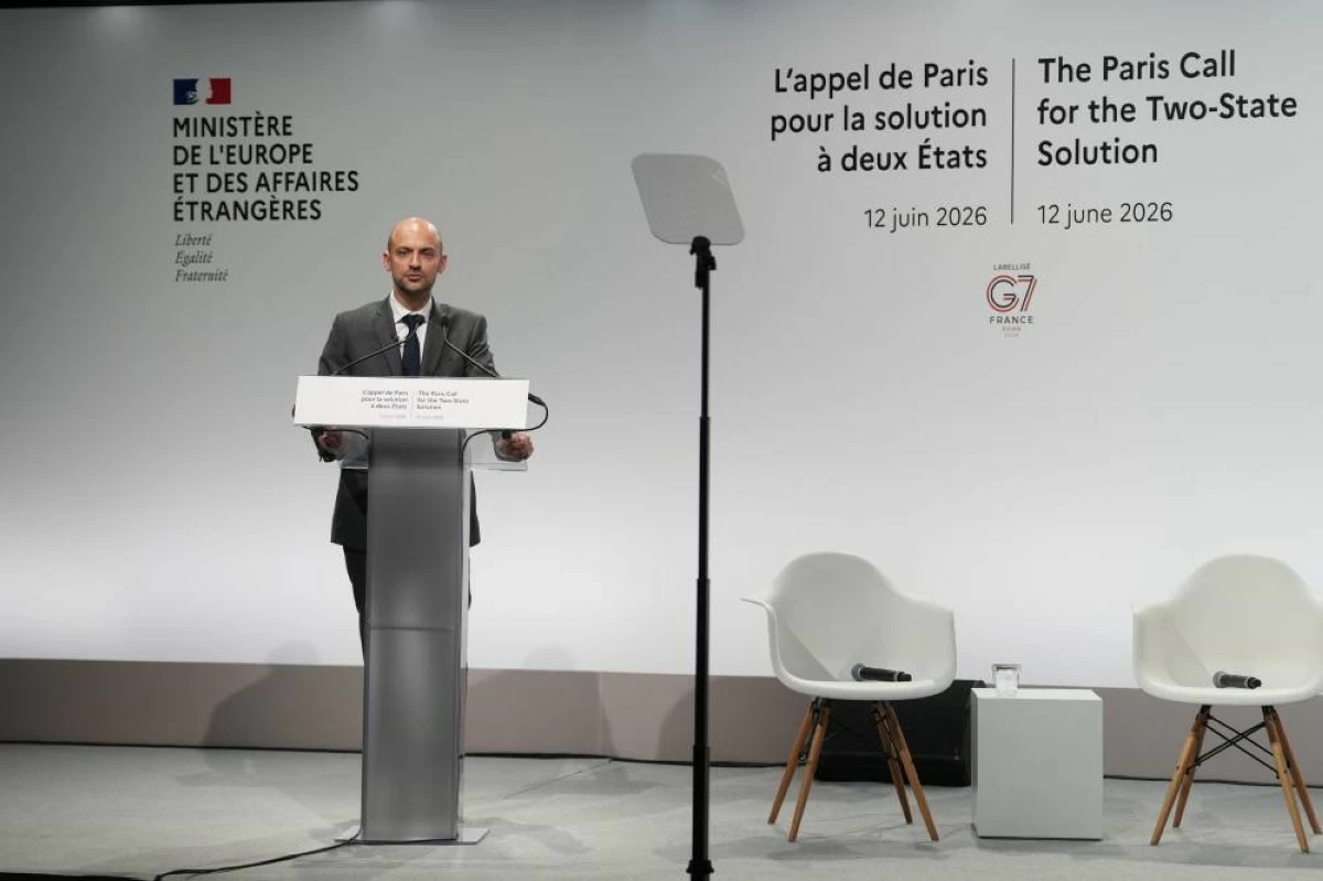 French Foreign Minister Jean-Noel Barrot speaks during a conference with Israeli and Palestinian civil society groups to support a two-state solution in Paris, Friday June 12, 2026. (AP)