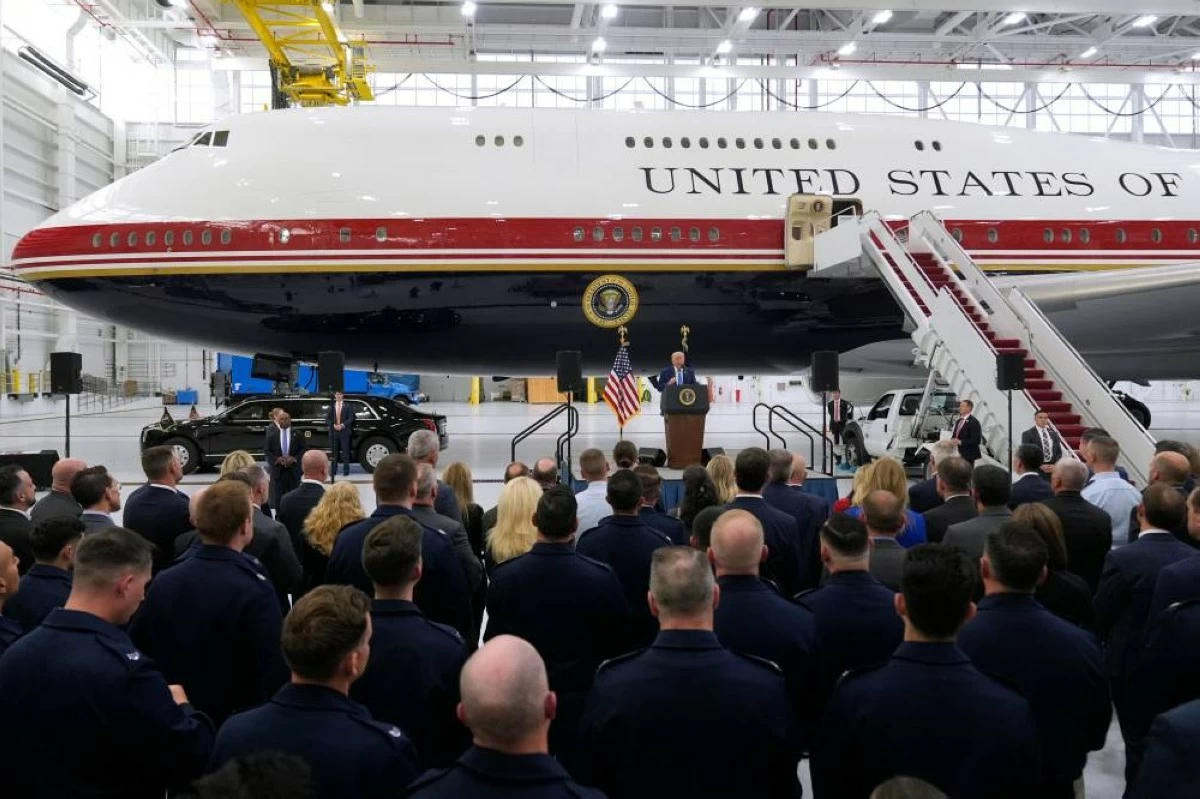 President Donald Trump speaks after touring the newly designated Air Force One presidential aircraft at Joint Base Andrews, Md., Friday, June 19, 2026. (AP Photo/Manuel Balce Ceneta)