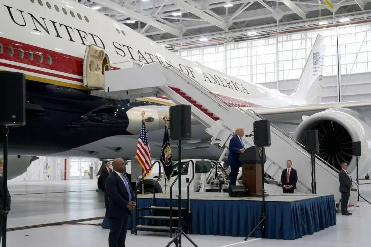 President Donald Trump speaks after touring the newly designated Air Force One presidential aircraft at Joint Base Andrews, Md., Friday, June 19, 2026. (AP Photo/Manuel Balce Ceneta)