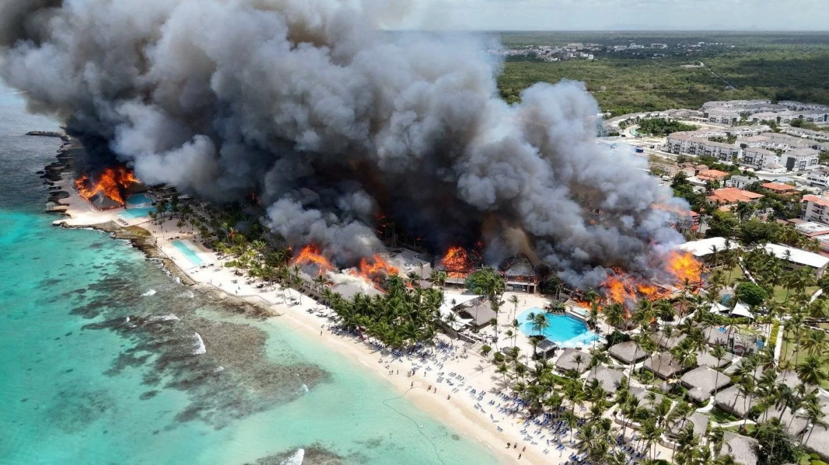 A drone view shows a fire at the Viva Wyndham Dominicus Beach Hotel in Bayahibe, La Altagracia, Dominican Republic, June 19, 2026 in this screen grab obtained from social media video. Gojko Culibrk/via REUTERS