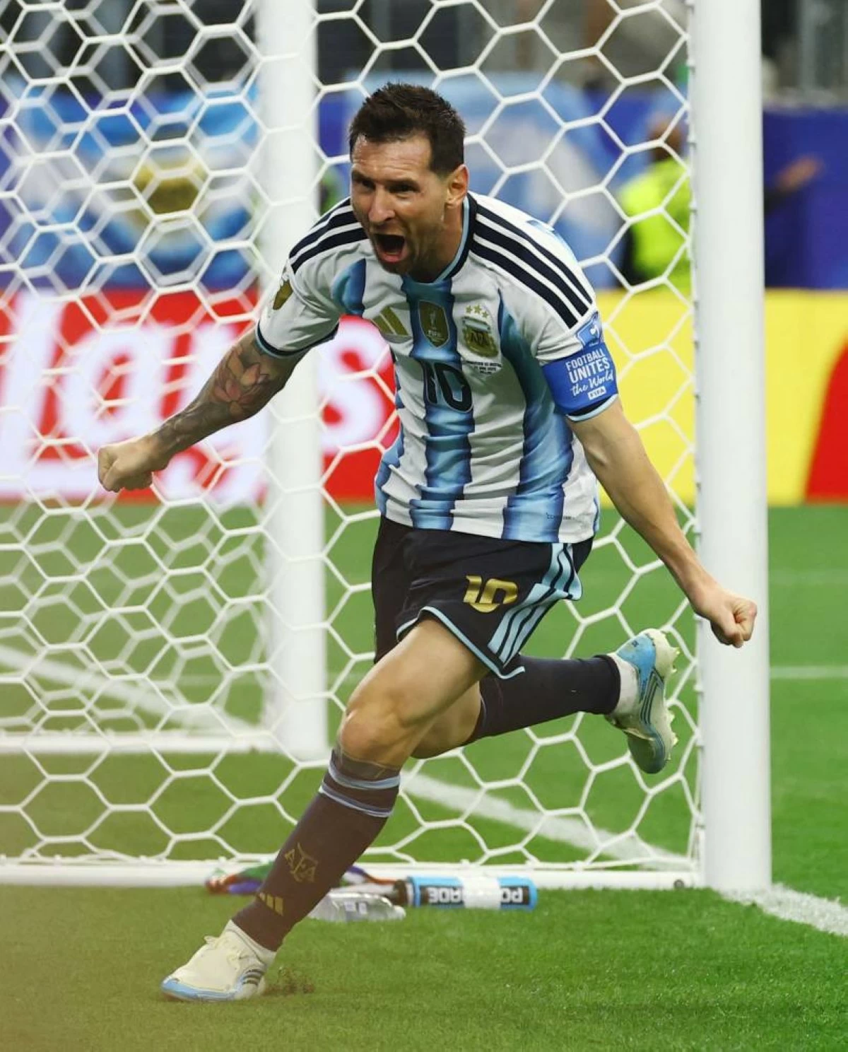 Argentina's Lionel Messi celebrates scoring their second goal against Austria. Picture credit: Reuters