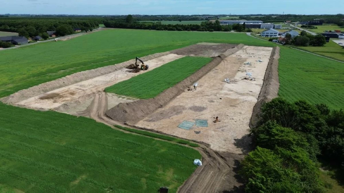 An aerial shot shows an archaeological site in Soften near Aarhus, Denmark, on June 22, 2026. (AP Photo/James Brooks)