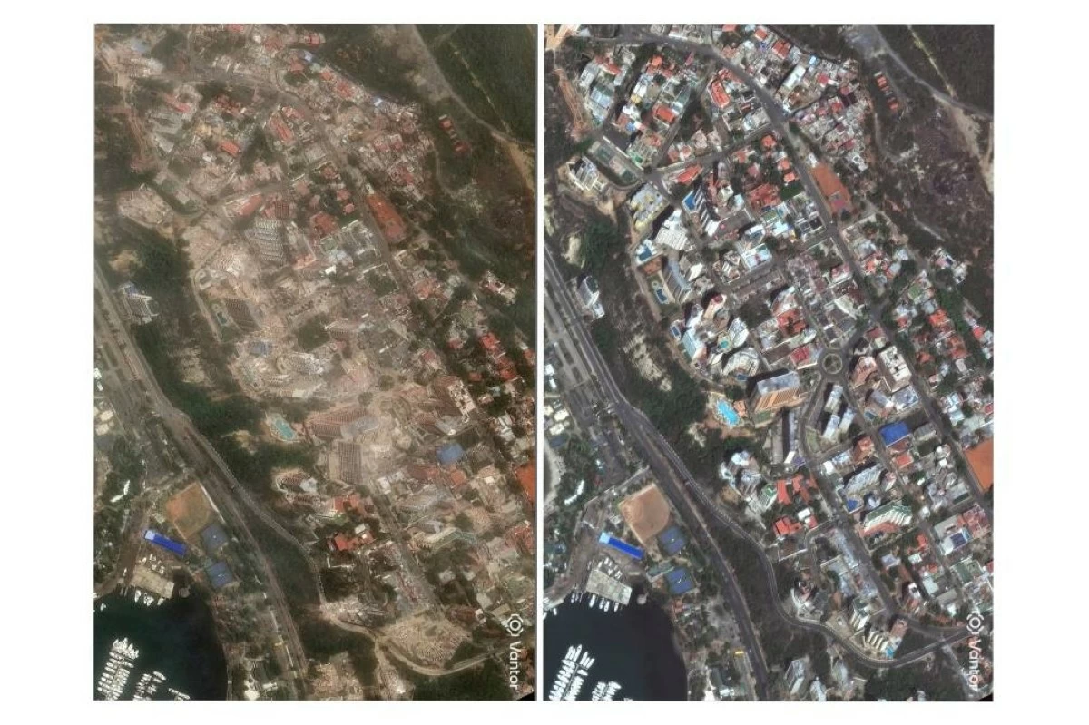 These images provided Vantor show before and after earthquakes hit on June 24, 2026 in Playa Grande, Venezuela. At right are buildings on June 15, 2026, and at left shows collapsed buildings in the day after earthquakes, on Thursday, June 25, 2026. (Satellite image ©2026 Vantor via AP)