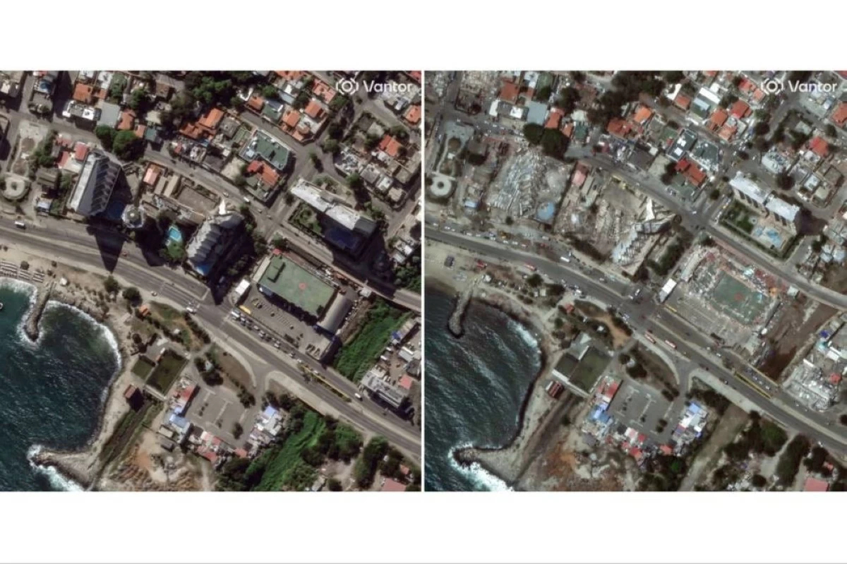 This combination of satellite images provided by Vantor shows buildings in Caraballeda, Venezuela on Dec. 28, 2025, left, and on Friday, June 26, 2026, after an earthquake. (Satellite image ©2026 Vantor via AP)