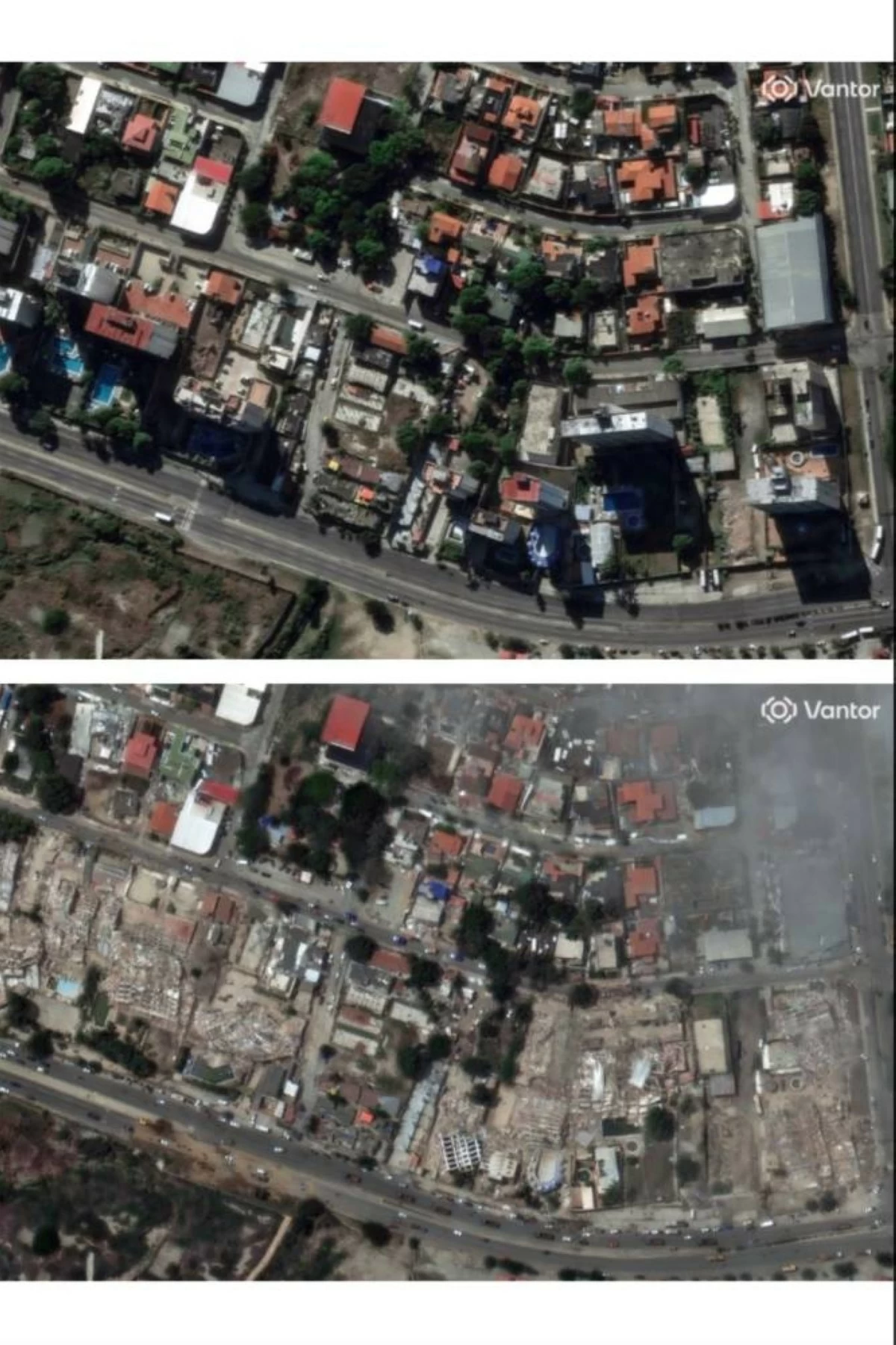 This combination of satellite images provided by Vantor shows buildings in Caraballeda, Venezuela on Dec. 28, 2025, top, and on Friday, June 26, 2026, after an earthquake. (Satellite image ©2026 Vantor via AP)