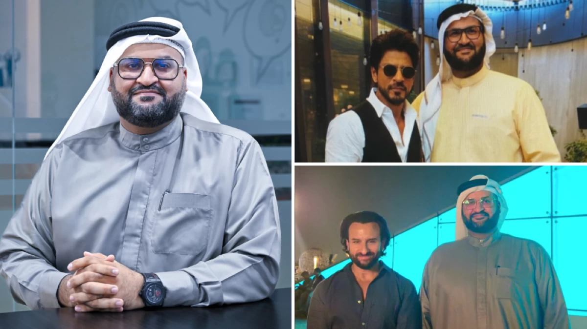 Emirati Bollywood enthusiast Bader Ali Habib (left) has turned his lifelong passion for Indian cinema into Saanjh, a Dubai-based community celebrating South Asian pop culture. Pictured above with Bollywood actors Shah Rukh Khan (top right) and Saif Ali Khan (bottom right).
Photo credit: Ashok Verma/Emirates 24|7 and Instagram - @bader_ali_habib