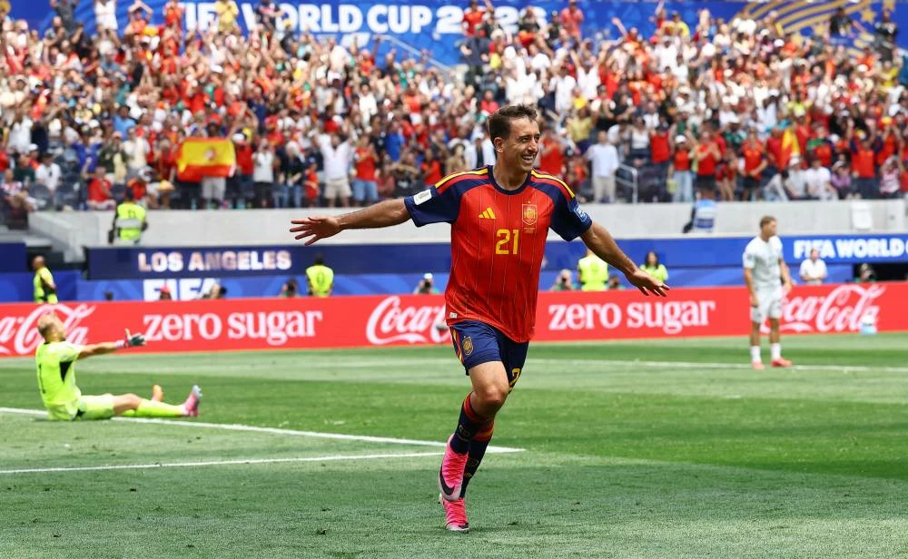 Spain's Mikel Oyarzabal celebrates scoring their third goal. Picture credit: Reuters