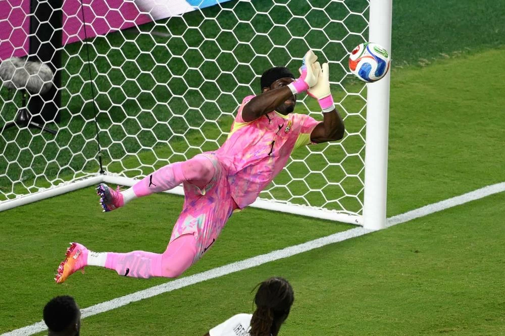 Ghana goalkeeper Lawrence Ati-Zigi (1) makes a save during the World Cup round of 32 soccer match between Colombia and Ghana in Kansas City, Mo., Friday, July 3, 2026. (AP)