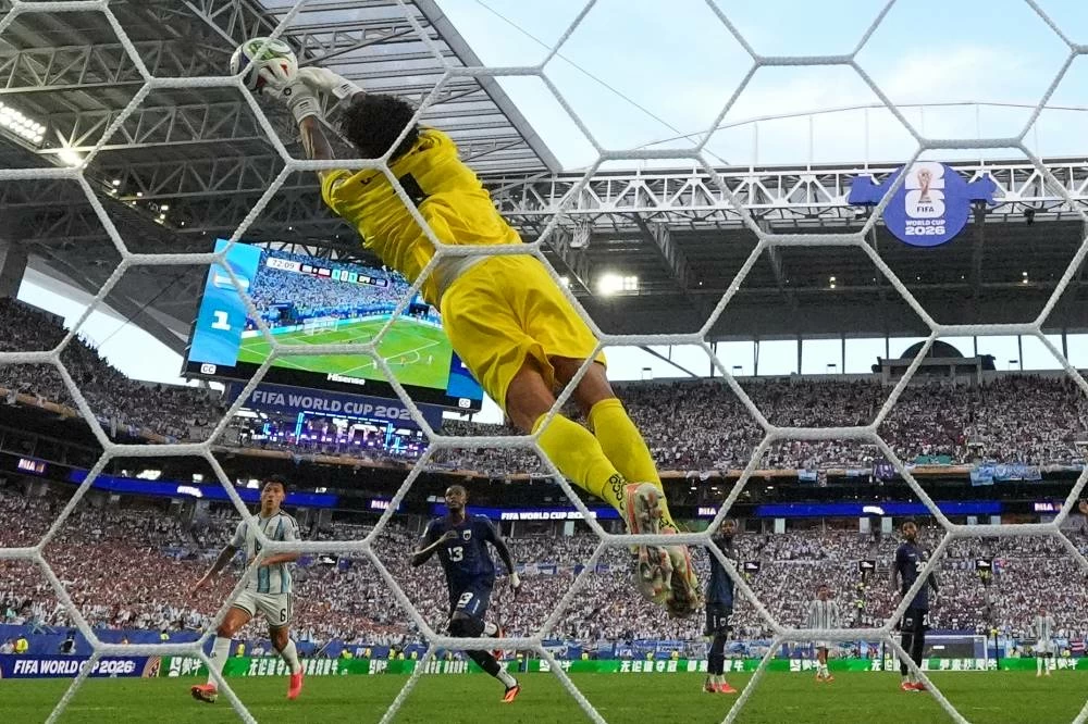 Cape Verde goalkeeper Vozinha (1) saves a free-kick from Argentina's Lionel Messi (10) during the World Cup round of 32 soccer match between Argentina and Cape Verde in Miami Gardens, Fla., Friday, July 3, 2026. (AP)