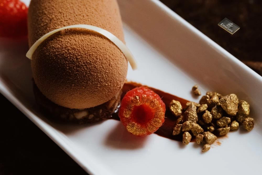 An Emirates Business Class chocolate dessert - Chocolate Entremet with cocoa glaze, dark chocolate soil and gold raspberry.