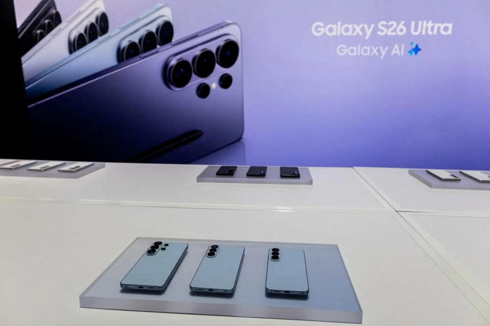 The new Galaxy S26 smartphones are displayed during a Samsung Electronics presentation in San Francisco, California, U.S., February 25, 2026. (Reuters)