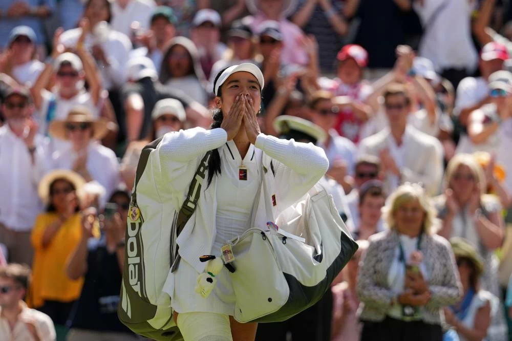 Alexandra Eala of the Philippines blows kisses to the crowd after losing the women's singles fourth round match against Jasmine Paolini of Italy at the Wimbledon Tennis Championships in London, Monday, July 6, 2026.(AP)