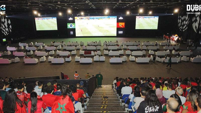 Fan zone at the Dubai World Trade Centre. From indoor viewing arenas and beachfront venues to family-focused entertainment zones, football fans can choose from a variety of experiences tailored to different budgets and preferences.