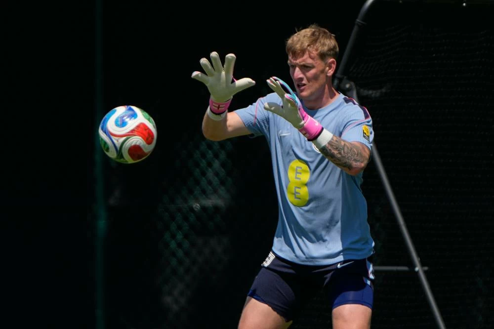England goalkeeper Jordan Pickford trains for the World Cup soccer tournament Wednesday. Picture credit: AP