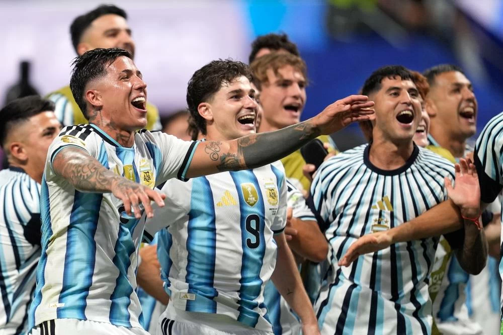 Argentina players celebrate after the World Cup round of 16 soccer match between Argentina and Egypt in Atlanta. Picture credit: AP