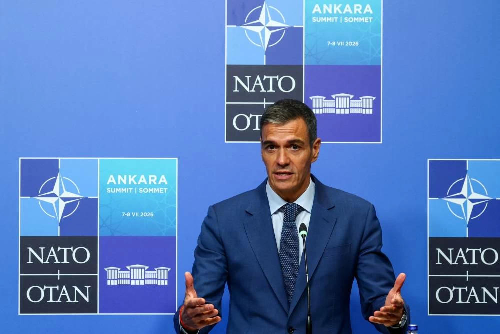 Spanish Prime Minister Pedro Sanchez speaks to the media, on the day of a NATO leaders summit n Ankara, Turkey, July 8, 2026. (Reuters)