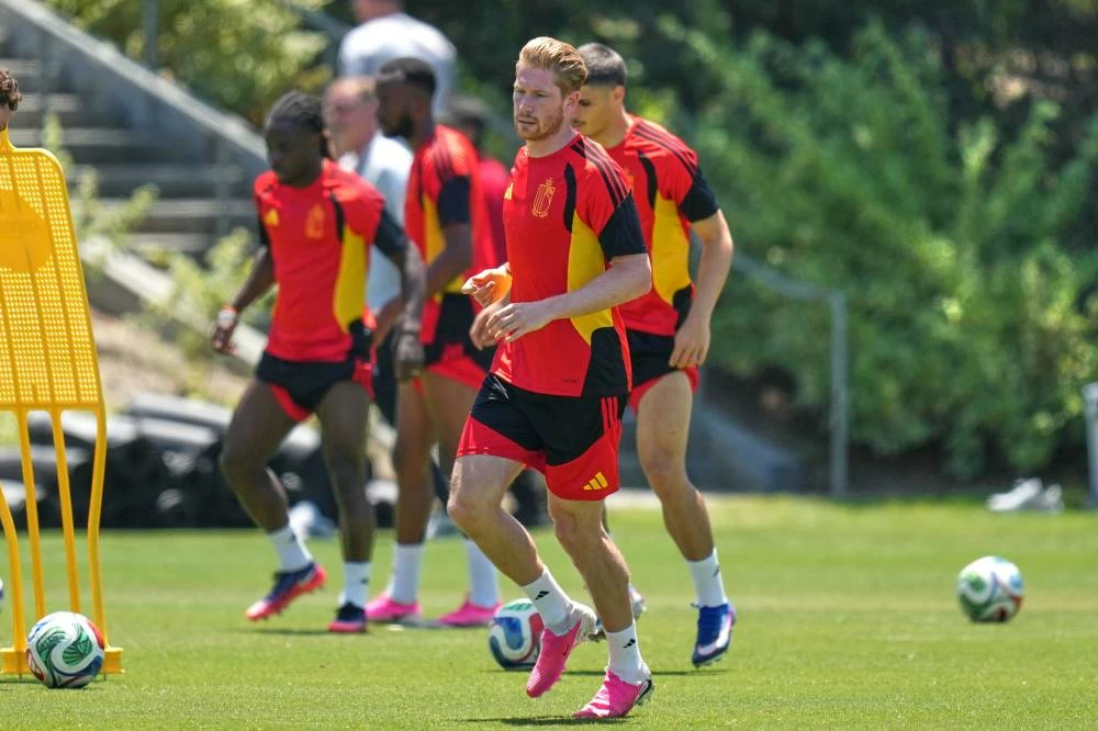 Belgium's Kevin De Bruyne, center, and teammates attend a training session ahead of World Cup quarterfinal soccer match against Spain in Carson, Calif. Picture credit: AP