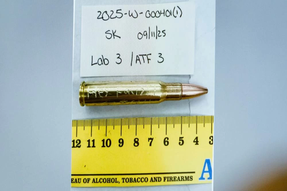 An image of a bullet casing engraved with the words "Hey Fascist!" is displayed during a preliminary hearing for Tyler Robinson, who is accused in the fatal shooting of Charlie Kirk. (AP)