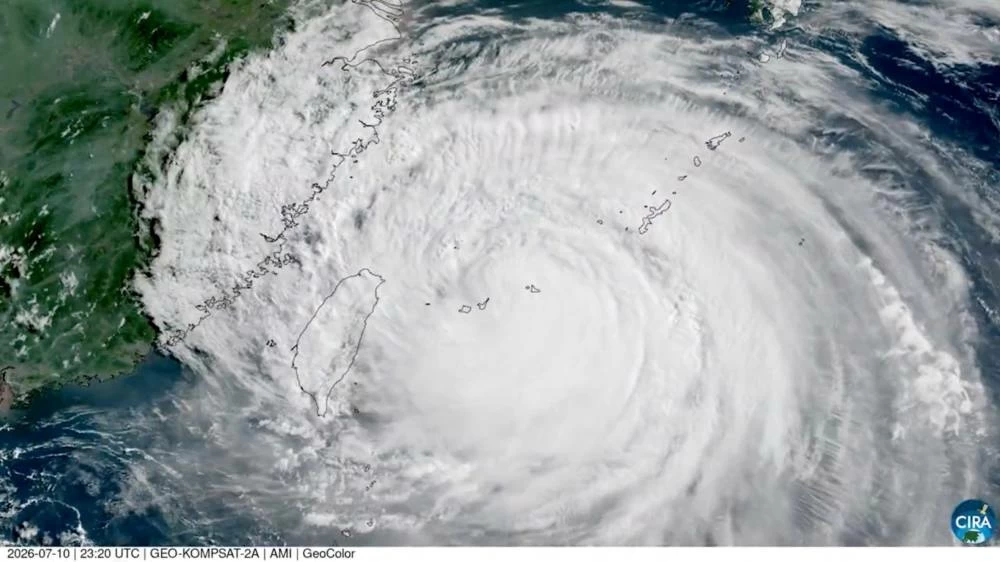 A Nasa satellite image shows Typhoon Bavi reaching Japan's Ryukyu Islands, bringing impact to them and Taiwan, July 10, 2026. (Reuters)