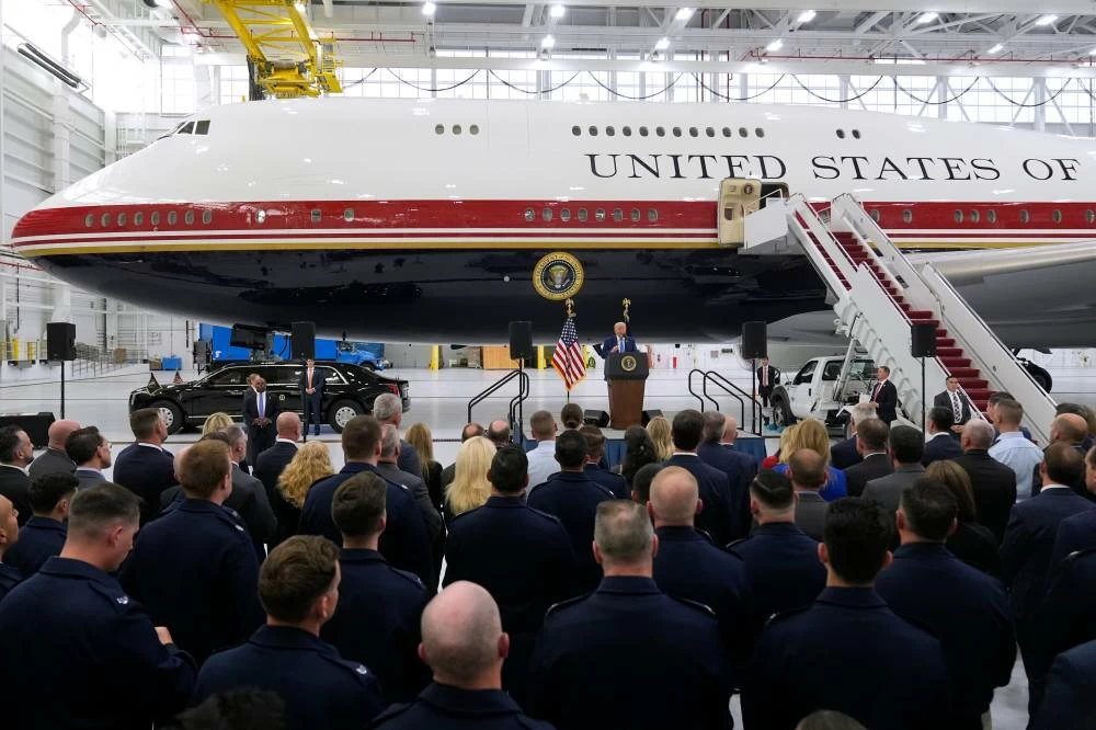 US President Donald Trump speaks after touring the newly designated Air Force One presidential aircraft, a controversial gift from Qatar, at Joint Base Andrews, Md., Friday, June 19, 2026. (AP Photo/Manuel Balce Ceneta)