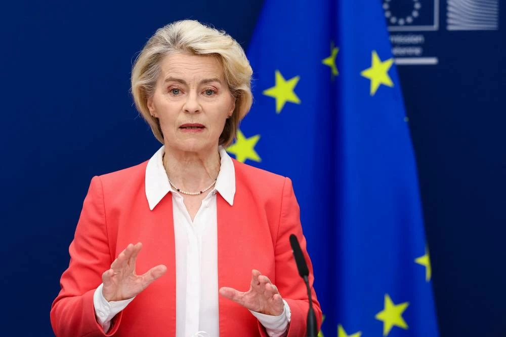 European Commission President Ursula von der Leyen speaks during a press briefing on the report on children's safety online, in Brussels, Belgium July 13, 2026. REUTERS