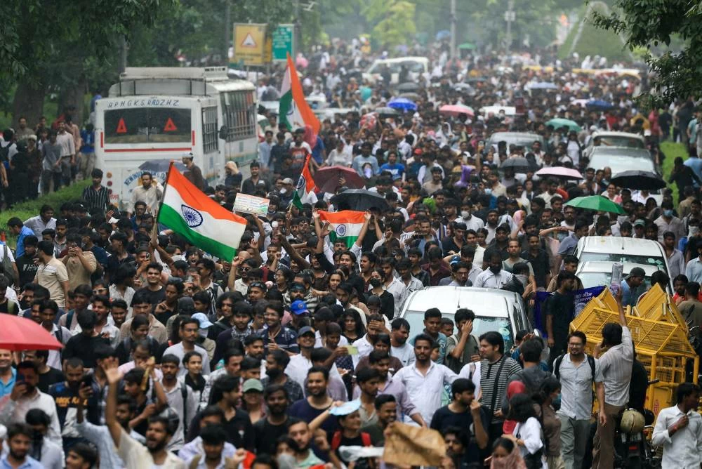 Supporters of the Cockroach Janta Party march toward parliament on the opening day of its monsoon session, demanding the resignation of Education Minister Dharmendra Pradhan over exam paper leaks, in New Delhi, India, 20 July, 2026.(Reuters)