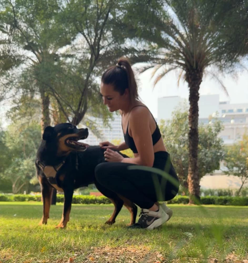 Christmas with her seven-year-old Rottweiler, Nala.
